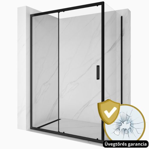 HD Dante Black 150x70 aszimmetrikus szögletes tolóajtós zuhanykabin 6 mm vastag vízlepergető biztonsági üveggel, fekete elemekkel, 195 cm magas