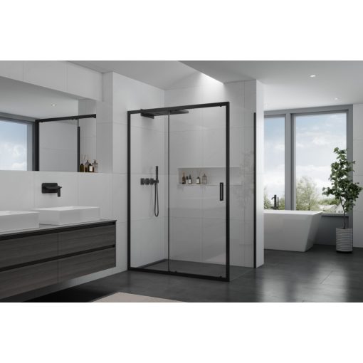 HD Dante Black 150x70 aszimmetrikus szögletes tolóajtós zuhanykabin 6 mm vastag vízlepergető biztonsági üveggel, fekete elemekkel, 195 cm magas