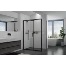 HD Dante Black 150x70 aszimmetrikus szögletes tolóajtós zuhanykabin 6 mm vastag vízlepergető biztonsági üveggel, fekete elemekkel, 195 cm magas