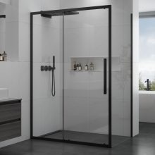 HD Dante+ Black 110x70 aszimmetrikus szögletes tolóajtós zuhanykabin 6 mm vastag vízlepergető biztonsági üveggel, fekete elemekkel, 195 cm magas