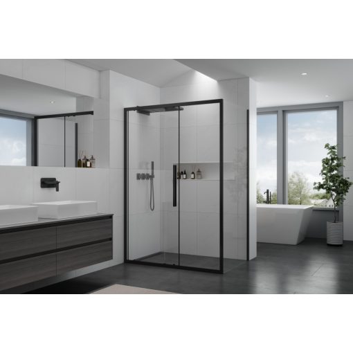 HD Dante+ Black 110x70 aszimmetrikus szögletes tolóajtós zuhanykabin 6 mm vastag vízlepergető biztonsági üveggel, fekete elemekkel, 195 cm magas