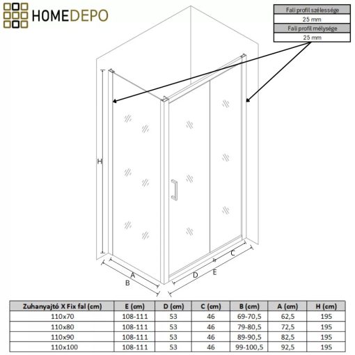 HD Dante+ Black 110x70 aszimmetrikus szögletes tolóajtós zuhanykabin 6 mm vastag vízlepergető biztonsági üveggel, fekete elemekkel, 195 cm magas