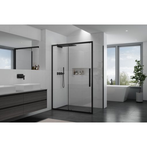 HD Dante+ Black 130x70 aszimmetrikus szögletes tolóajtós zuhanykabin 6 mm vastag vízlepergető biztonsági üveggel, fekete elemekkel, 195 cm magas