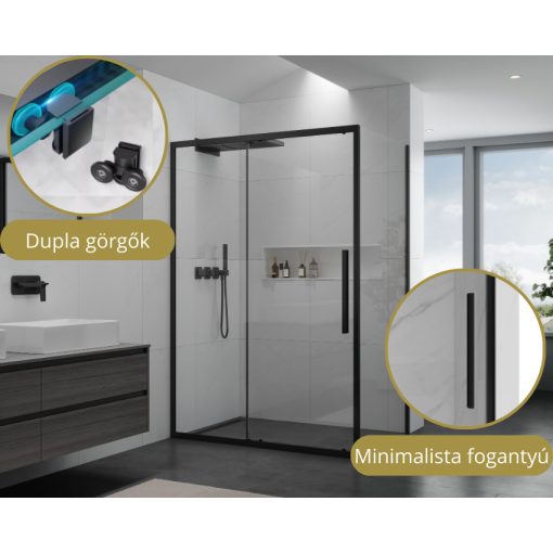 HD Dante+ Black 150x70 aszimmetrikus szögletes tolóajtós zuhanykabin 6 mm vastag vízlepergető biztonsági üveggel, fekete elemekkel, 195 cm magas