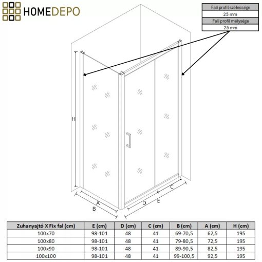 HD Dante 100x100 szögletes tolóajtós zuhanykabin 6 mm vastag vízlepergető biztonsági üveggel, krómozott elemekkel, 195 cm magas