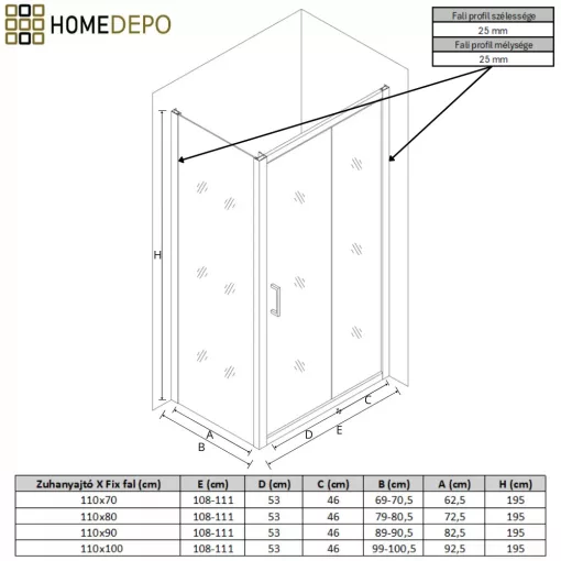 HD Dante 110x70 aszimmetrikus szögletes tolóajtós zuhanykabin 6 mm vastag vízlepergető biztonsági üveggel, krómozott elemekkel, 195 cm magas
