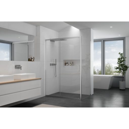 HD Dante 120x90 aszimmetrikus szögletes tolóajtós zuhanykabin 6 mm vastag vízlepergető biztonsági üveggel, krómozott elemekkel, 195 cm magas