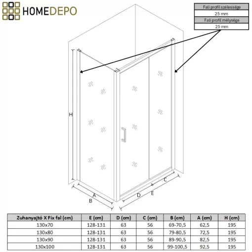 HD Dante 130x70 aszimmetrikus szögletes tolóajtós zuhanykabin 6 mm vastag vízlepergető biztonsági üveggel, krómozott elemekkel, 195 cm magas