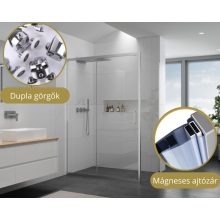 HD Dante 140x100 aszimmetrikus szögletes tolóajtós zuhanykabin 6 mm vastag vízlepergető biztonsági üveggel, krómozott elemekkel, 195 cm magas