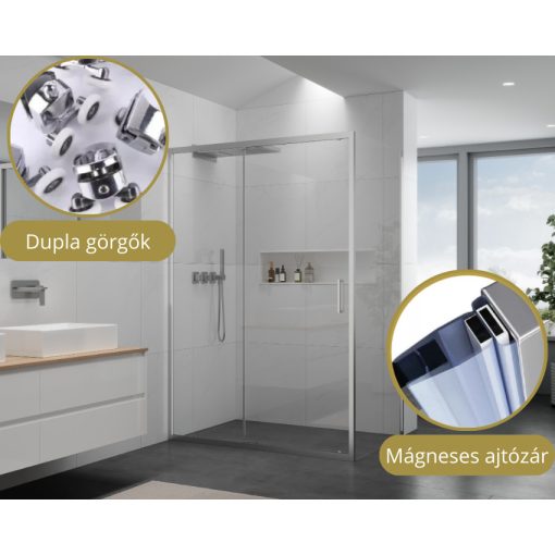 HD Dante 140x70 aszimmetrikus szögletes tolóajtós zuhanykabin 6 mm vastag vízlepergető biztonsági üveggel, krómozott elemekkel, 195 cm magas