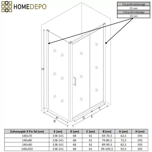 HD Dante 140x100 aszimmetrikus szögletes tolóajtós zuhanykabin 6 mm vastag vízlepergető biztonsági üveggel, krómozott elemekkel, 195 cm magas