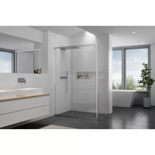 HD Dante 150x70 aszimmetrikus szögletes tolóajtós zuhanykabin 6 mm vastag vízlepergető biztonsági üveggel, krómozott elemekkel, 195 cm magas