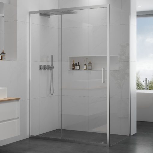 HD Dante 90x100 aszimmetrikus szögletes tolóajtós zuhanykabin 6 mm vastag vízlepergető biztonsági üveggel, krómozott elemekkel, 195 cm magas