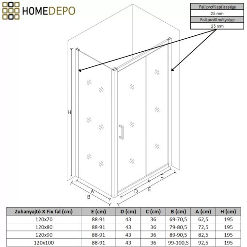HD Dante 90x100 aszimmetrikus szögletes tolóajtós zuhanykabin 6 mm vastag vízlepergető biztonsági üveggel, krómozott elemekkel, 195 cm magas