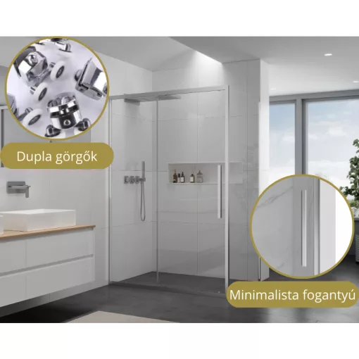 HD Dante+ 130x70 aszimmetrikus szögletes tolóajtós zuhanykabin 6 mm vastag vízlepergető biztonsági üveggel, krómozott elemekkel, 195 cm magas