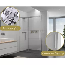 HD Dante+ 150x70 aszimmetrikus szögletes tolóajtós zuhanykabin 6 mm vastag vízlepergető biztonsági üveggel, krómozott elemekkel, 195 cm magas