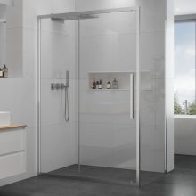 HD Dante+ aszimmetrikus szögletes tolóajtós zuhanykabin 6 mm vastag vízlepergető biztonsági üveggel, krómozott elemekkel, 195 cm magas