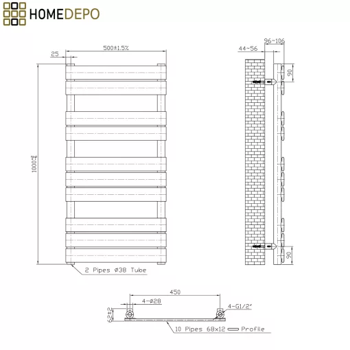 HD Demos Black 1000x500 mm smart elektromos design törölközőszárító radiátor 400W-os wifi-s fűtőpatronnal, matt fekete
