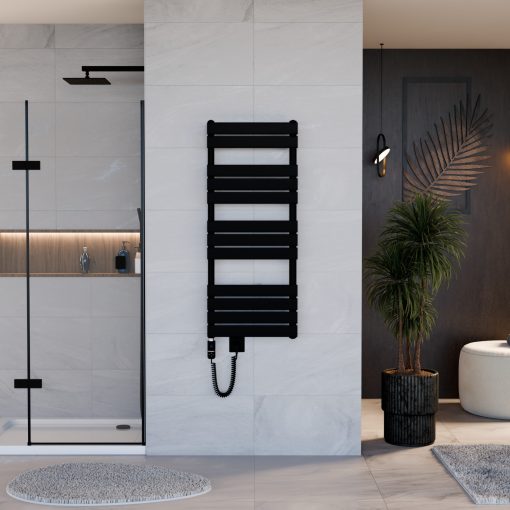 HD Demos Black 1200x500 mm elektromos design törölközőszárító radiátor 400W-os fűtőpatronnal, matt fekete