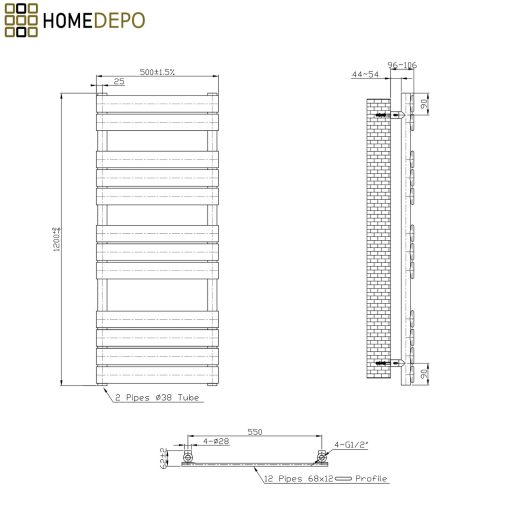 HD Demos Black 1200x500 mm elektromos design törölközőszárító radiátor 400W-os fűtőpatronnal, matt fekete