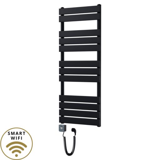 HD Demos Black 1200x500 mm smart elektromos design törölközőszárító radiátor 400W-os wifi-s fűtőpatronnal, matt fekete
