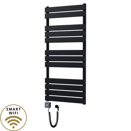 HD Demos Black 1200x600 mm smart elektromos design törölközőszárító radiátor 400W-os wifi-s fűtőpatronnal, matt fekete