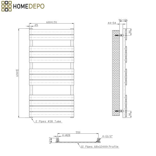 HD Demos White 1200x600 mm design törölközőszárító radiátor, fényes fehér