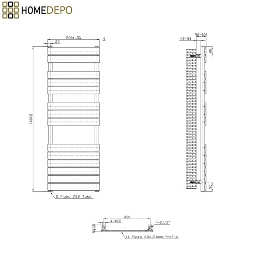 HD Demos White 1400x500 mm smart elektromos design törölközőszárító radiátor 400W-os wifi-s fűtőpatronnal, fényes fehér