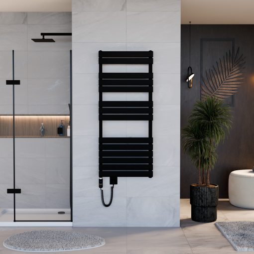 HD Demos Black 1400x600 mm elektromos design törölközőszárító radiátor 600W-os fűtőpatronnal, matt fekete