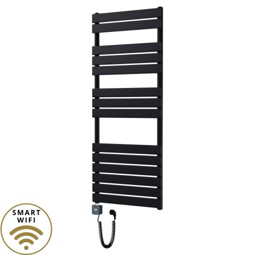 HD Demos Black 1400x600 mm smart elektromos design törölközőszárító radiátor 600W-os wifi-s fűtőpatronnal, matt fekete
