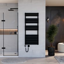 HD Demos Black 1400x600 mm smart elektromos design törölközőszárító radiátor 600W-os wifi-s fűtőpatronnal, matt fekete