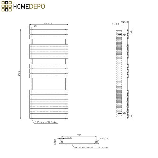 HD Demos White 1400x600 mm elektromos design törölközőszárító radiátor 600W-os fűtőpatronnal, fényes fehér