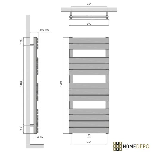 HD Demos Antracit 1600x500 mm design törölközőszárító radiátor, matt antracit