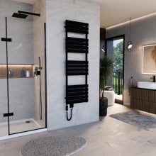 HD Demos Black 1600x500 mm elektromos design törölközőszárító radiátor 600W-os fűtőpatronnal, matt fekete