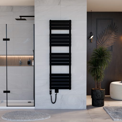 HD Demos Black 1600x500 mm elektromos design törölközőszárító radiátor 600W-os fűtőpatronnal, matt fekete