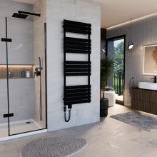 HD Demos Black 1600x600 mm elektromos design törölközőszárító radiátor 900W-os fűtőpatronnal, matt fekete