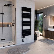 HD Demos Black 1600x600 mm smart elektromos design törölközőszárító radiátor 900W-os wifi-s fűtőpatronnal, matt fekete