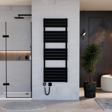 HD Demos Black 1600x600 mm smart elektromos design törölközőszárító radiátor 900W-os wifi-s fűtőpatronnal, matt fekete
