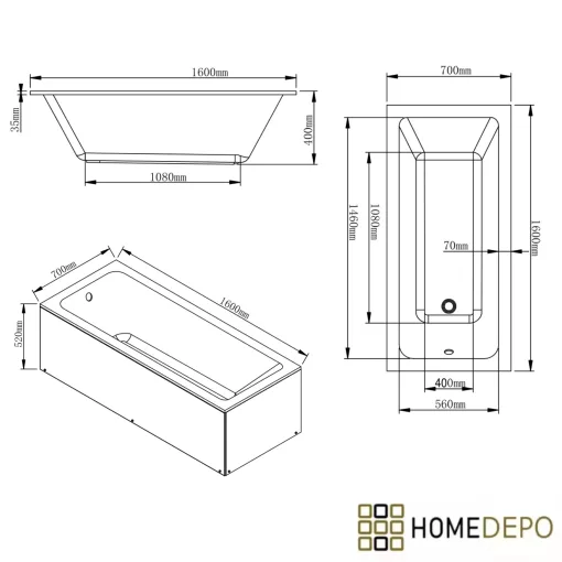 HD Line 160x70 cm hosszú egyenes akril kád lábbal és előlappal