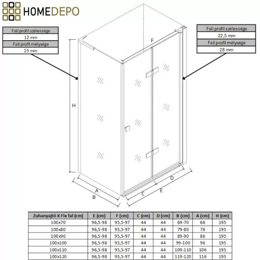 HD Felix "L" Black 100x90 aszimmetrikus szögletes összecsukható nyílóajtós zuhanykabin 6 mm vastag vízlepergető biztonsági üveggel, fekete elemekkel, 195 cm magas