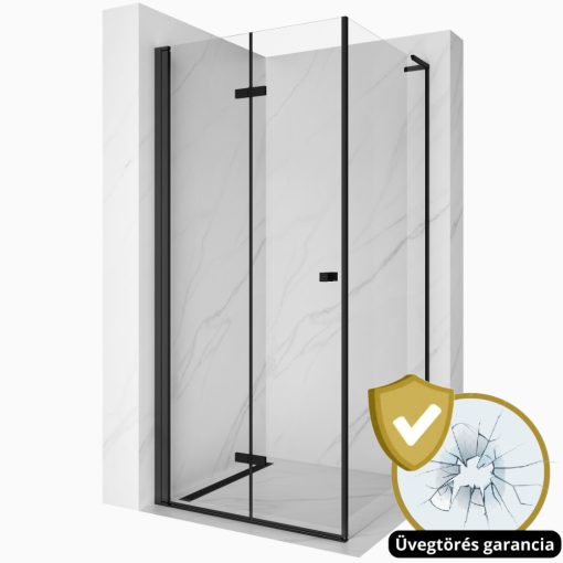 HD Felix "L" Black 110x70 aszimmetrikus szögletes összecsukható nyílóajtós zuhanykabin 6 mm vastag vízlepergető biztonsági üveggel, fekete elemekkel, 195 cm magas