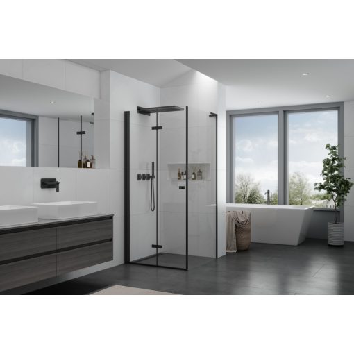 HD Felix "L" Black 110x70 aszimmetrikus szögletes összecsukható nyílóajtós zuhanykabin 6 mm vastag vízlepergető biztonsági üveggel, fekete elemekkel, 195 cm magas