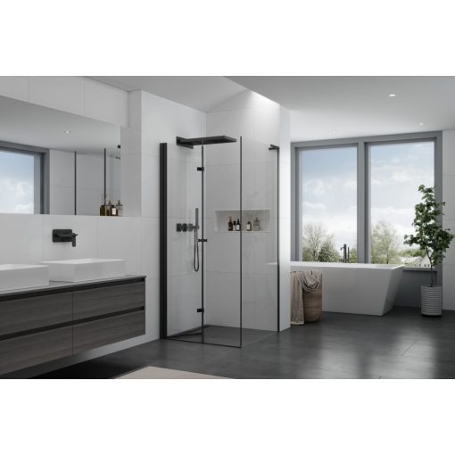 HD Felix "L" Black 110x70 aszimmetrikus szögletes összecsukható nyílóajtós zuhanykabin 6 mm vastag vízlepergető biztonsági üveggel, fekete elemekkel, 195 cm magas