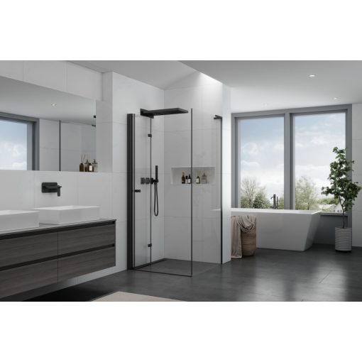 HD Felix "L" Black 110x70 aszimmetrikus szögletes összecsukható nyílóajtós zuhanykabin 6 mm vastag vízlepergető biztonsági üveggel, fekete elemekkel, 195 cm magas