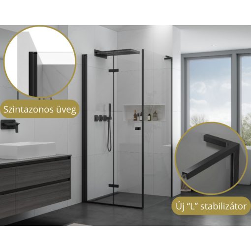 HD Felix "L" Black 110x70 aszimmetrikus szögletes összecsukható nyílóajtós zuhanykabin 6 mm vastag vízlepergető biztonsági üveggel, fekete elemekkel, 195 cm magas
