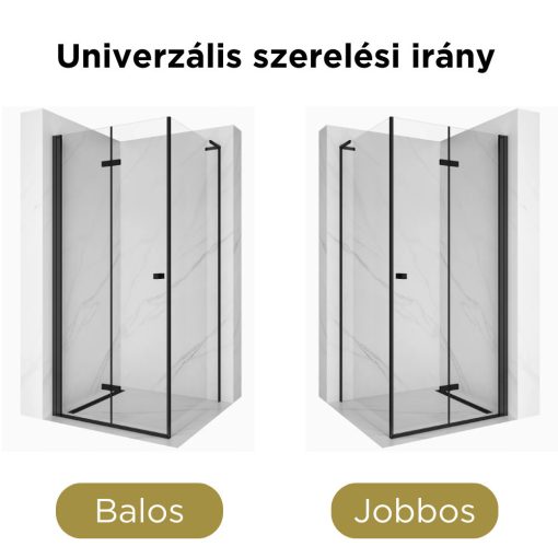 HD Felix "L" Black 120x90 aszimmetrikus szögletes összecsukható nyílóajtós zuhanykabin 6 mm vastag vízlepergető biztonsági üveggel, fekete elemekkel, 195 cm magas