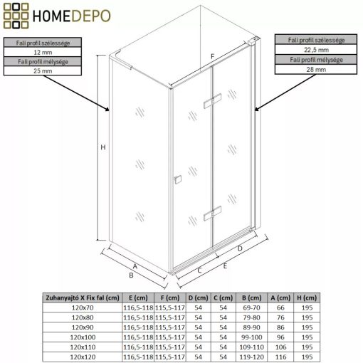 HD Felix "L" Black 120x90 aszimmetrikus szögletes összecsukható nyílóajtós zuhanykabin 6 mm vastag vízlepergető biztonsági üveggel, fekete elemekkel, 195 cm magas