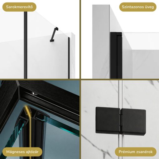 HD Felix "S" Black szögletes összecsukható nyílóajtós zuhanykabin 6 mm vastag vízlepergető biztonsági üveggel, fekete elemekkel, 195 cm magas