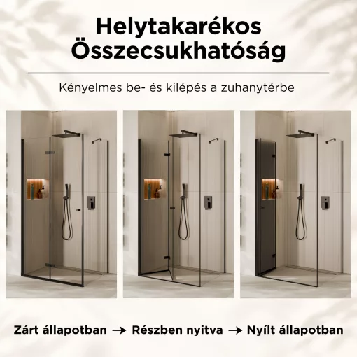 HD Felix "S" Black szögletes összecsukható nyílóajtós zuhanykabin 6 mm vastag vízlepergető biztonsági üveggel, fekete elemekkel, 195 cm magas