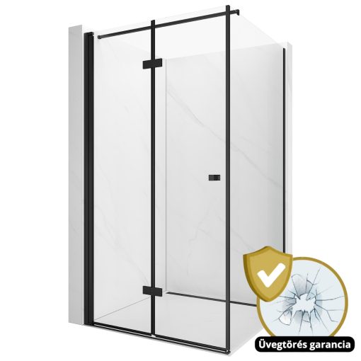 HD Felix "F" Black 120x70 aszimmetrikus szögletes összecsukható nyílóajtós zuhanykabin 6 mm vastag vízlepergető biztonsági üveggel, fekete elemekkel, 195 cm magas